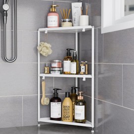 Kawaiita Corner Shower Caddy Stand, 3 Tier Floor Shower Organizer Stands for Inside Shower, Bathtub, Bathroom Corner Shower Shelf Rack with Adjustable Feet & 4 Hooks, Metal, White
