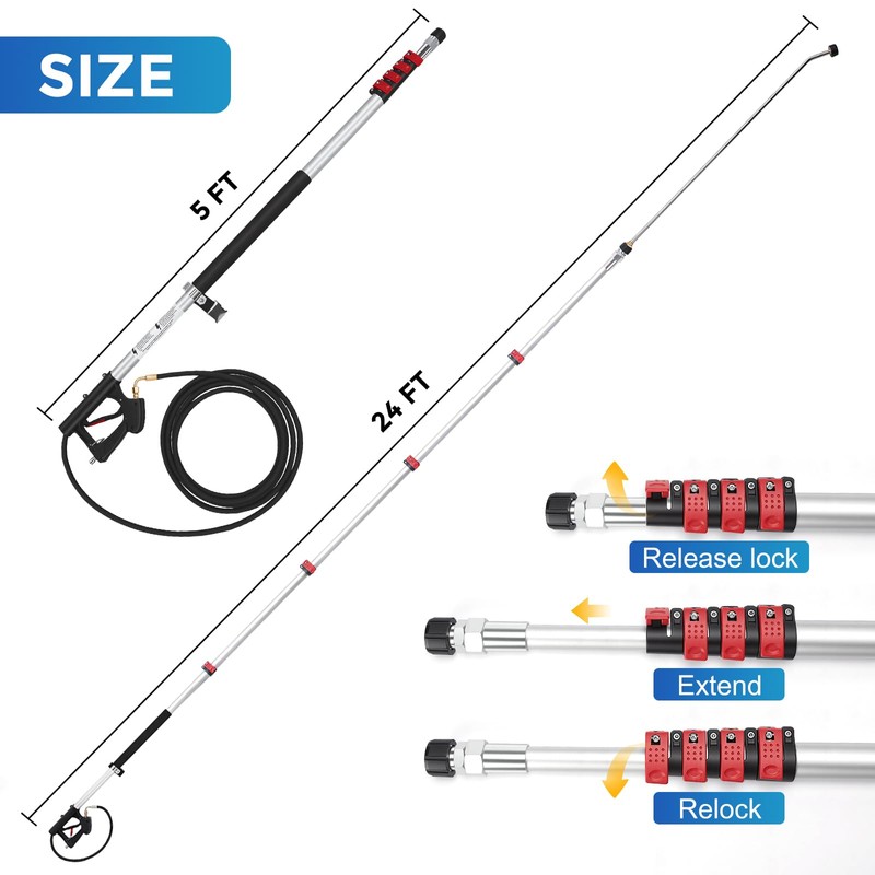 24 FT Telescoping Pressure Washer Wand with Brush, Gutter Cleaning