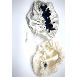 Satin Bonnet and EVA Shower Cap Set with Adorable Bracelet – Hair Protection Combo for Night and Day Care 3 Pcs Reusable set, Travel Bathroom, Eva Shower Caps. (Ivory & Navy Blue, Large)