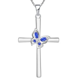 YL Butterfly Cross Necklace Sterling Silver Crucifix Pendant Created Sapphire Criss Jewelry for Women