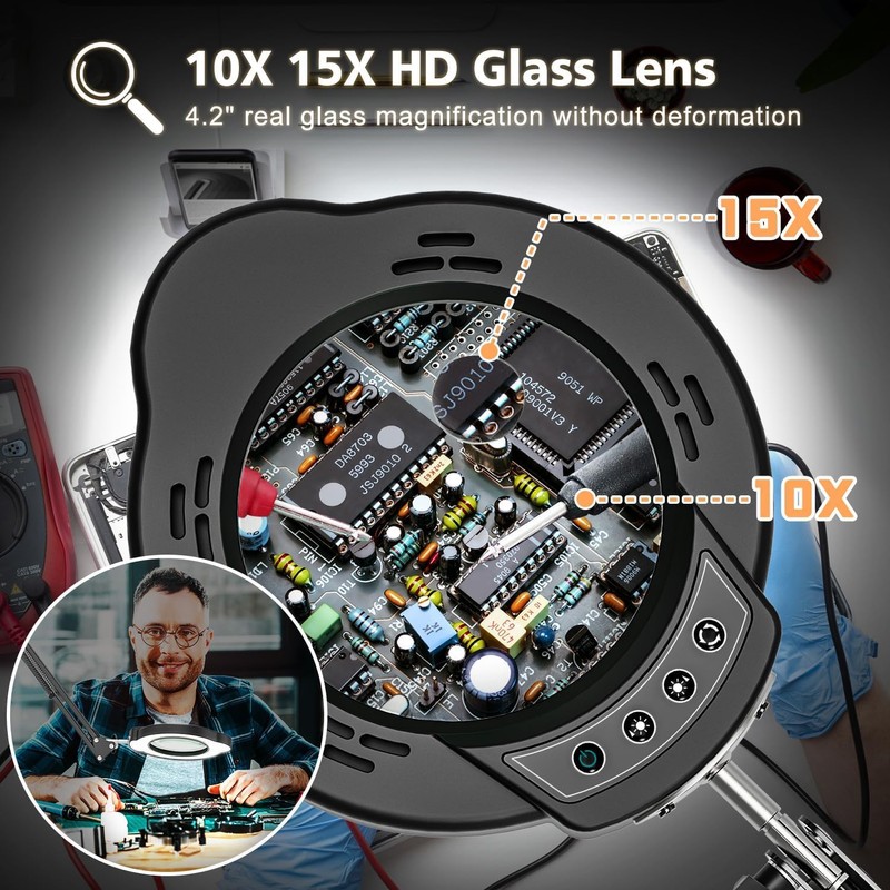 Magnifying Glass with Light and Clamp, 15X 10X Desk Magnifying
