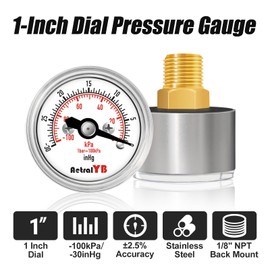 ​AetralYB 1inch Vacuum Pressure Gauge, 30Inhg-0/-100Kpa-0,1" Dial, 1/8 NPT Back Mount, 304 Stainless Steel Case, Brass Internal, for Vacuum Test