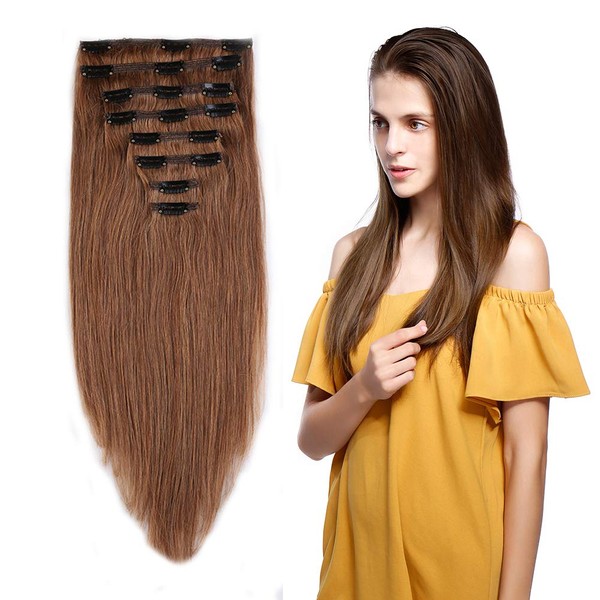 Double Weft 100% Clip in Remy Human Hair Extensions 10''-24'' Full Head Thick Thickened Long Soft Silky Straight 8pcs 18clips for Women Fashion 16" / 16 inch 130g #30 Light Auburn