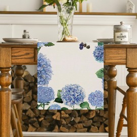 ZCHOMI Purple Hydrangea Table Runner 13x72 Inch Seasonal Spring Summer Green Plants Kitchen Dinning Table Decoration for Indoor Outdoor Birthday Home Party Decor