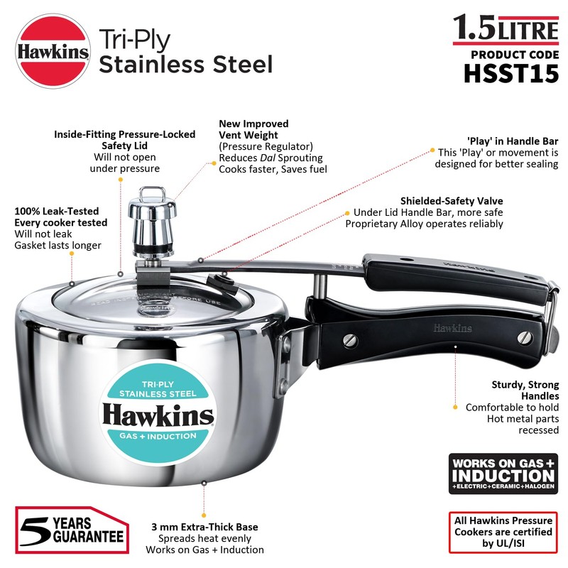 HAWKINS Triply Stainless Steel Pressure Cooker, Inner Lid Induction Cooker,