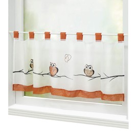 Joyswahl Voile Net Curtain, Bistro Curtain with Loops, "Grete" with Owls Pattern, Transparent Curtains, H x W 45 x 90 cm, Red, Pack of 1
