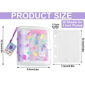 SZHTSWU 20 Sheets 40 Pockets 3 Inch Mini Photo Album in Loose Leaf Refillable 3-Rings Transparent Photocard Binder Kpop Photocard Holder Book with Cute Pendant for Picture Cards Storage (Purple Bears)