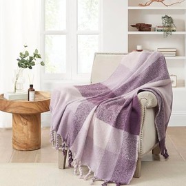 Highline Bedding Co. Soft Plaid Mauve Throw with Twisted Tassels