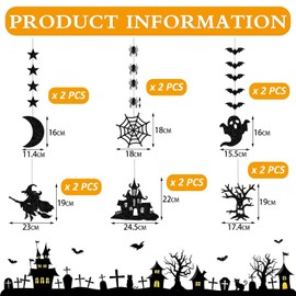 Halloween Bat Spider Hanging Kit, 12 Pieces Halloween Ornaments Black Glitter Bat Witch Spider Web Ghost Banner Garland, Scary Theme Wall Stickers Hanging for Halloween Party Haunted House Decoration