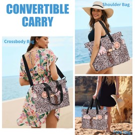 PIG PIG GIRL Beach Bags for Women, Waterproof Sandproof Swim Pool Bag with Dry Wet Seperated Pocket Lightweight Travel Tote Bag for Girls with Utility Slots, Leopard