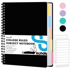 Koogel Hardcover Spiral Notebook with Tabs, A4 Journals with Deviders 5 Subject Project Spiral Notebook Perforated Edges for School Office, Black