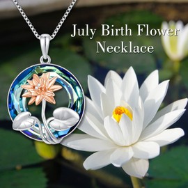 TOUPOP July Birth Flower Necklace 925 Sterling Silver Lotus Necklace July Birth Month Flower Dainty Floral Pendant with Blue Circle Crystal Jewelry Birthday Gifts for Women
