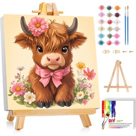 cviokrdu Highland Cow Paint by Numbers Kit for Kids with Frame - Wooden Easel, Animals Paint by Numbers for Kids Ages 4 8 12, Easy Acrylic Oil Painting Kits for Home Wall Decoration 8x8 inch