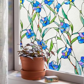 3D Stained Glass Window Film, Decorative Window Privacy Film for Bathroom,Front Door,Home, Sun Blocking Heat Control,Static Cling, Blue Eustoma 23.6inch x 35.4inch