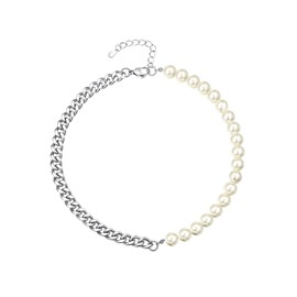 FindChic Chunky Cuban Link Chain Pearl Collar Necklace for Women 16inch Stainless Steel 16inch Punk Jewelry