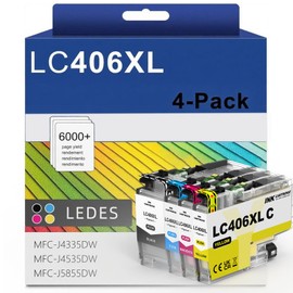 LEDES LC406XL LC406 High Yield Ink Cartridges for Brother Printer LC 406XL 406 XL for MFC-J4335DW MFC-J5855DW MFC-J6555DW MFC-J4535DW MFC-J6955DW MFC-J4345DW MFC-J5955DW(4 Pack BK/C/M/Y)