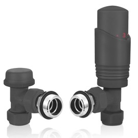 SVNR Thermostatic Radiator Valves (TRV), Textured Anthracite Grey, Angled Lockshield Valve, 15mm, for Central Heating Radiators, Towel Rails,Leak-Proof Design.