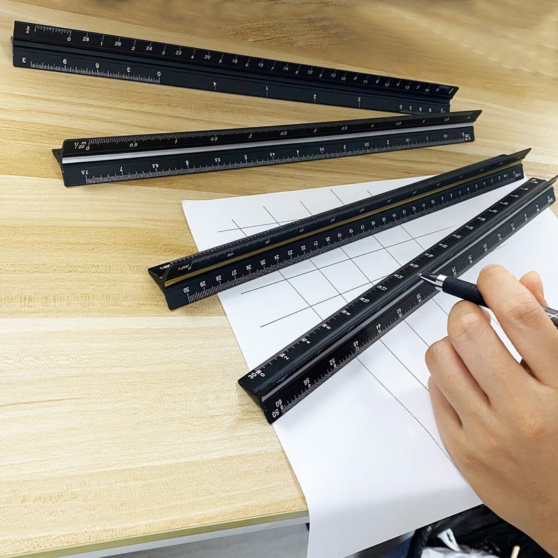 Solid Aluminum Triangular Architect Scale Ruler Set 4pcs, 3-Colors-Groove Architectural