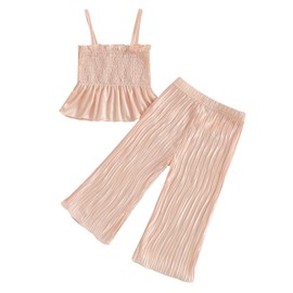 VISGOGO Toddler Baby Girl Summer Outfit Solid Ruffled Trim Smocked Sleeveless Tops and Ripple Texture Pants 2 Pcs Set (Light Pink, 18-24 Months)