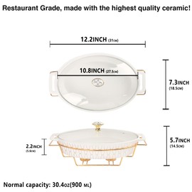 jinsongdafa Ceramic Casserole Dish with Glass Lid and rack, 30 ounce Serving Soup Tureen,Chafing Dish for Buffet, Family Food preserve Tray, Catering Casserole for Party Style. White 12.2 Inch Oval
