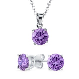 Simple Delicate 2CT Solitaire Round Lavender Pendant Stud Earrings Set Cubic Zirconia Simulated Alexandrite Rhodium Plated .Silver 18In