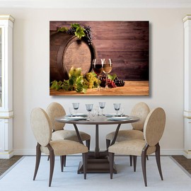 Looife Kitchen Wine Bottle Canvas Wall Art, 18x12 Inch Gallery Wrapped Vintage Wine Cup with Grapes Barrel Picture Prints Wall Decor, Modern Art Deco for Dining Room and Bar Wall Decoration