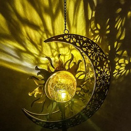 Solar Wind Chimes-Outdoor Outside Garden Decorative Wind Chime Light with Cracked Ball-Waterproof Metal LED Hanging Chime Decor (Moon&Sun)