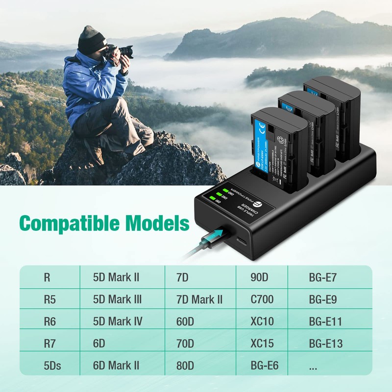 FirstPower LP-E6NH Battery 3-Pack and Triple Slot Charger Compatible with