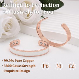Fashtour Copper Bracelet for Women Black Oil Cuff Bangle 3500 Gauss Powerful Magnets Adjustable Girls Jewelry (Simple style, rose gold white, 5.5inches)