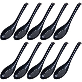 MIZOXY 10-Piece Set of Black Soup Spoons - Versatile Japanese, Chinese, and Asian Style Spoons for Soups, Rice, Wontons, Ramen, Pho - Ideal for Restaurants, Home, Hotels, and Food Shops