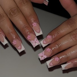 24Pcs Medium Press on Nails Square Shaped Fake Nails Nude Pink Stick on Nails French Tip False Nails with Bow & Flower Designs Heart Glue on Nails Cute Artificial Acrylic Nails for Women