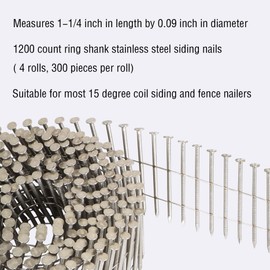 LiGuVCY Stainless Steel Siding Nails - 1-1/4x0.09 Ring Shank 15 Degree Coils, 1200 Count Small Cap Coil Roofing Ring Shank Siding Nails for Cedar Siding and Fencing, Etc