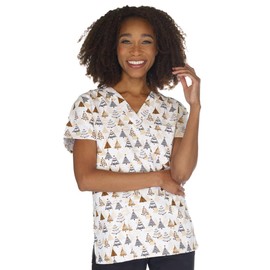 Women's Christmas Holiday V-Neck Scrub Top (as1, alpha, l, regular, regular, ENCHANTED FOREST)
