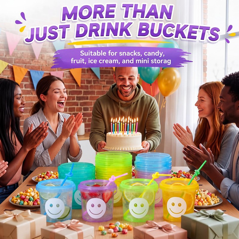 24 Pack 32oz Smile Face Drink Buckets with Lids and