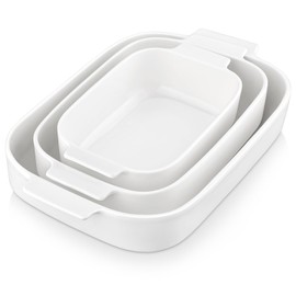 MALACASA Casserole Dishes for Oven, Ceramic Baking Dishes Set of 3, Rectangular Lasagna Pan Deep Baking Pans, Bakeware Sets with Handles Gift Set, White (13.8''/11.7''/9.4''), Series BAKE