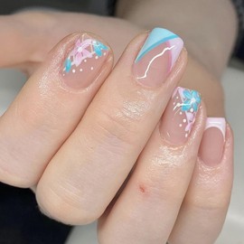 Short Square Press on Nails French Tip Fake Nails Nude Pink Full Cover Pink Blue Flower False Nails with Designs Glossy Glue on Nails Spring Summer Acrylic Artificial Nails for Women Girls 24Pcs