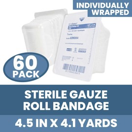 Sterile Gauze Rolls [60 Rolls] - 4.5” x 4.1 Yards Rolls, 100% Cotton Wound Dressing Sterile Wraps, 6 Ply Individually Wrapped Weaved Bandage Gauzes, Highly Absorbent First Aid Gauzes