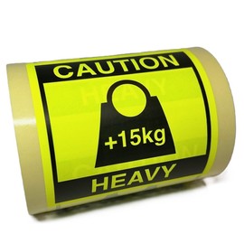Caution Heavy Warning Labels, 15kg Weight Symbol, 76x50mm, Yellow, 400 Pack, UK Made