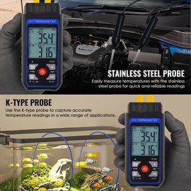 Thermocouple Thermometer with 4 K-Type Thermocouples, Digital Dual-Channel K/J Type HVAC Temperature Meter, Temperature Range from -328 to 2501°F, Temperature Meter with Alarm and ADJ Compensation