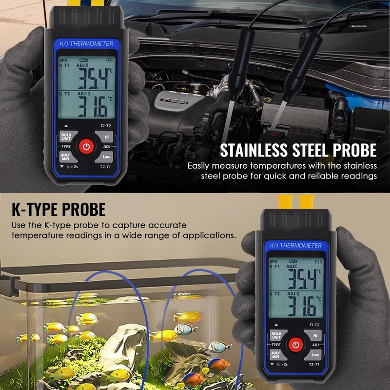 Thermocouple Thermometer with 4 K-Type Thermocouples, Digital Dual-Channel K/J Type