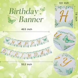 Neptniopllab Sage Green Eucalyptus Leaf Tablecloth, Plastic Eucalyptus Leaf Table Cover, Disposable Butterfly Sage Greenery Table Cover with Happy Birthday Banner for Birthday Baby Party Decoration