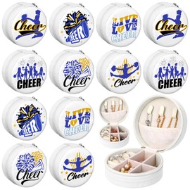 12 Pcs Cheer Team Gifts for Cheerleader Cheer Jewelry Box Round Mini Travel Jewelry Box Organizer for Rings Earrings Necklaces Cheerleader Gifts Bulk for Team, Banquet, Competition & Birthday Party