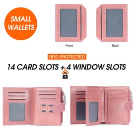 MANBANG Wallets for Women Leather RFID Blocking Small Bifold Zipper Pocket Wallet Card Case Purse with ID Window… (Pink)