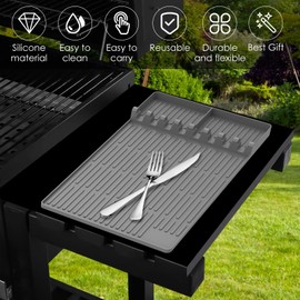 Premium Silicone Grill Side Shelf Mat with Drain Tray - Non-Slip BBQ Counter Protector, Reusable Thawing Plate for Outdoor Cooking, Fits Most Griddles & Countertops (Heat Resistant, Easy Clean) Gray
