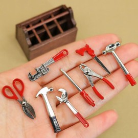 Miniature Dollhouse Tool Box Set, 1/12 Scale, Wooden Toolbox with Metal Tools, 9-Piece Kit