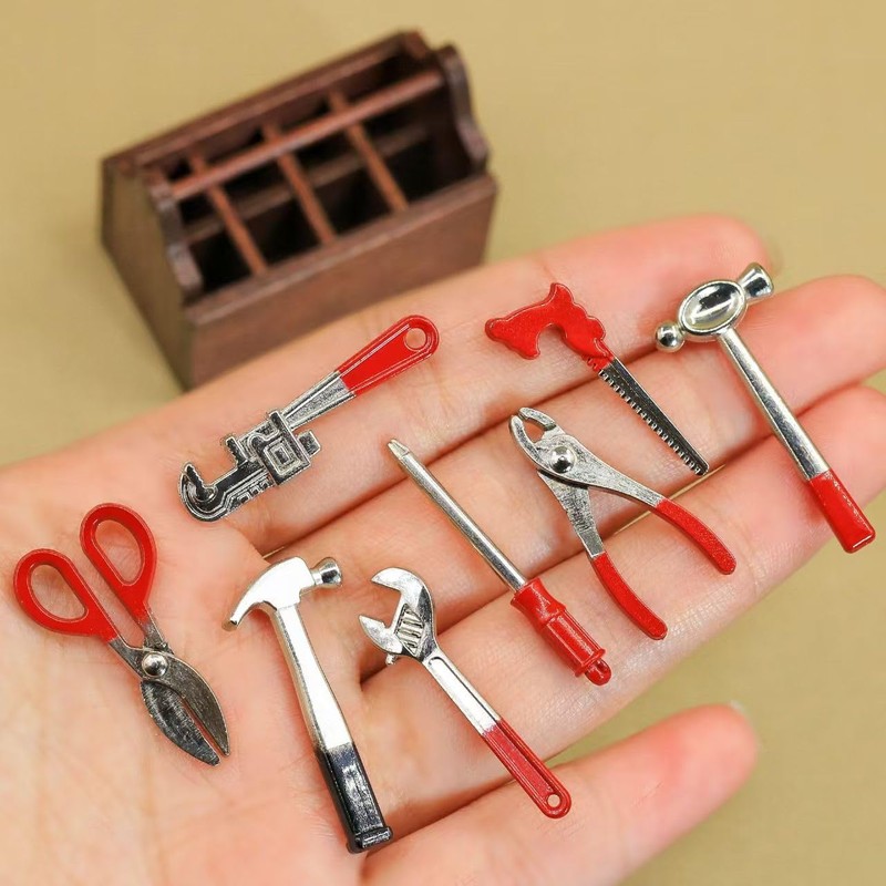 Miniature Dollhouse Tool Box Set, 1/12 Scale, Wooden Toolbox with