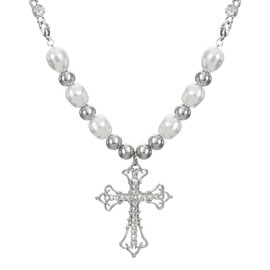 Mecool Vintage Cross Pendant Necklace Titanium Steel Crucifix Cross Long Sweater Chain Necklace Hip-hop Style Cross Chain Necklace for Men Christian Gifts for Women Pearl Necklaces for Women