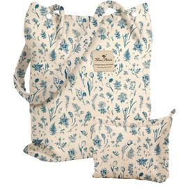 Miss Adola 2 Pack Aesthetic Corduroy Tote Bag - with Corduroy Makeup Pouch Bag for Women Blue Line Flower Reusable Grocery Bag with Buckle Shoulder Bag for Gym, Travel, Work