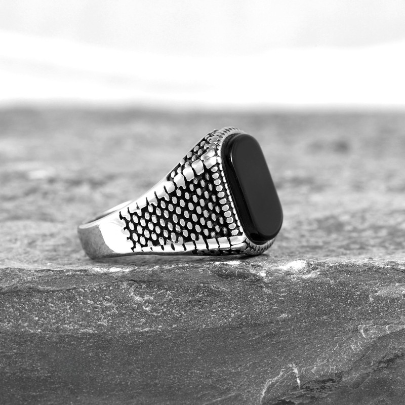Men's Stainless Steel Ring with Black Agate Stone,Textured Band Design