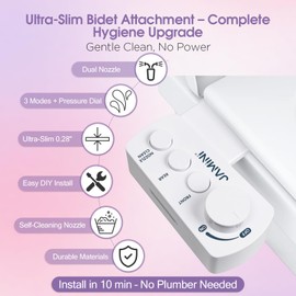 Jamini Ultra-Slim Detachable Bidet Attachment for Toilet – Non-Electric Cold Water, Self-Retraction Dual Nozzles, Step-less Pressure Dial, Dedicated Cleaning Mode, CA65 Certified